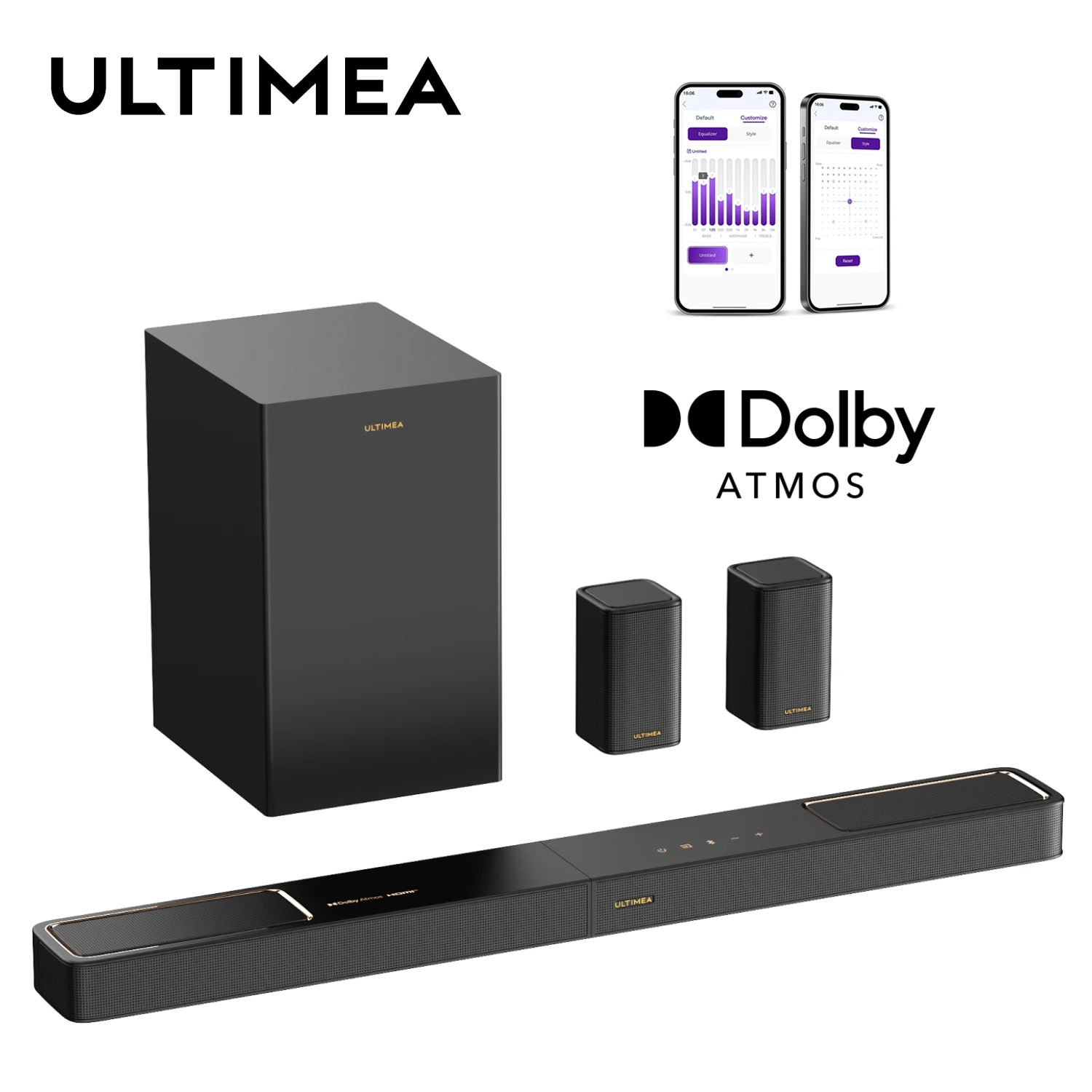 ULTIMEA 460W 5.1.2-Kanal Soundbar mit Dolby Atmos, Surround-Sound-Heimkinosystem für TV mit 2 Surround-Lautsprechern, APP-Steuerung