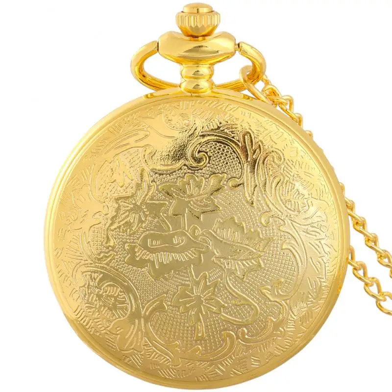 Hollow Chinese Dragon Cover Golden Color Quartz Analog Pocket Watch Roman Digital Dial Necklace Luxury Pendant pocket watch