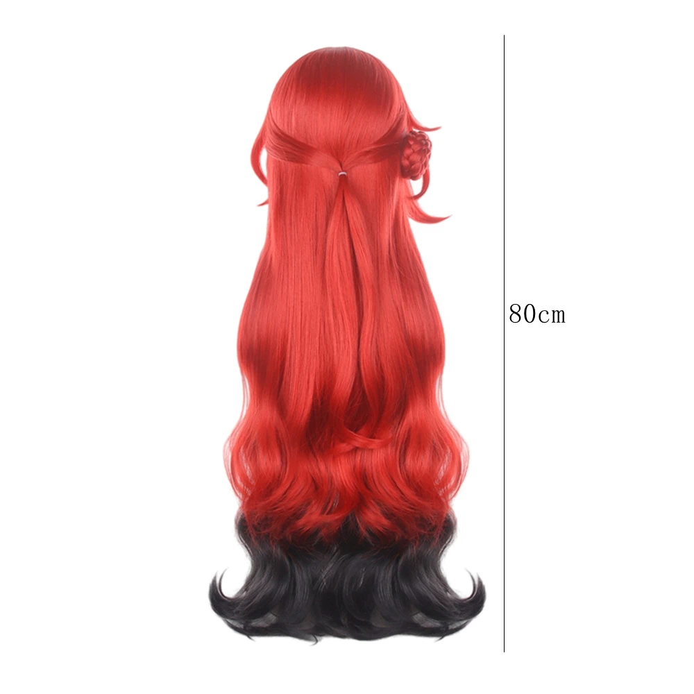 Vibrant Red to Black Ombre Long Wavy Synthetic Wig with Side Part Bangs and Removable Flower Accent for Cosplay Party Daily Wear