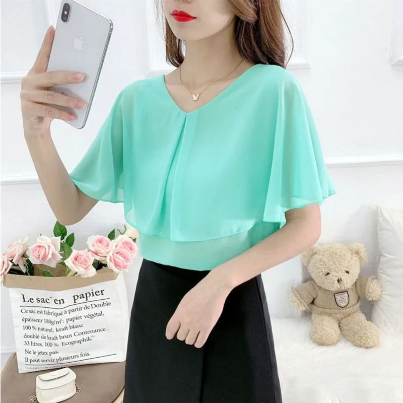 Women Casual V-neck Batwing Sleeve Solid Color Thin Chiffon Shirt 2022 Summer All-match Basics Pullovers Loose Oversize Blouse