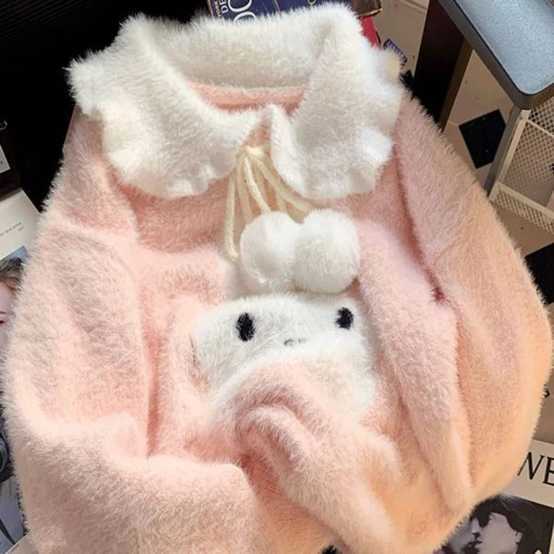 Women Kawaii Fuzzy Sweater Peter Pan Collar Drawstring Pom-Poms Jumpers Cartoon Animal Patch Long Sleeve Plush Pullover Cute Top