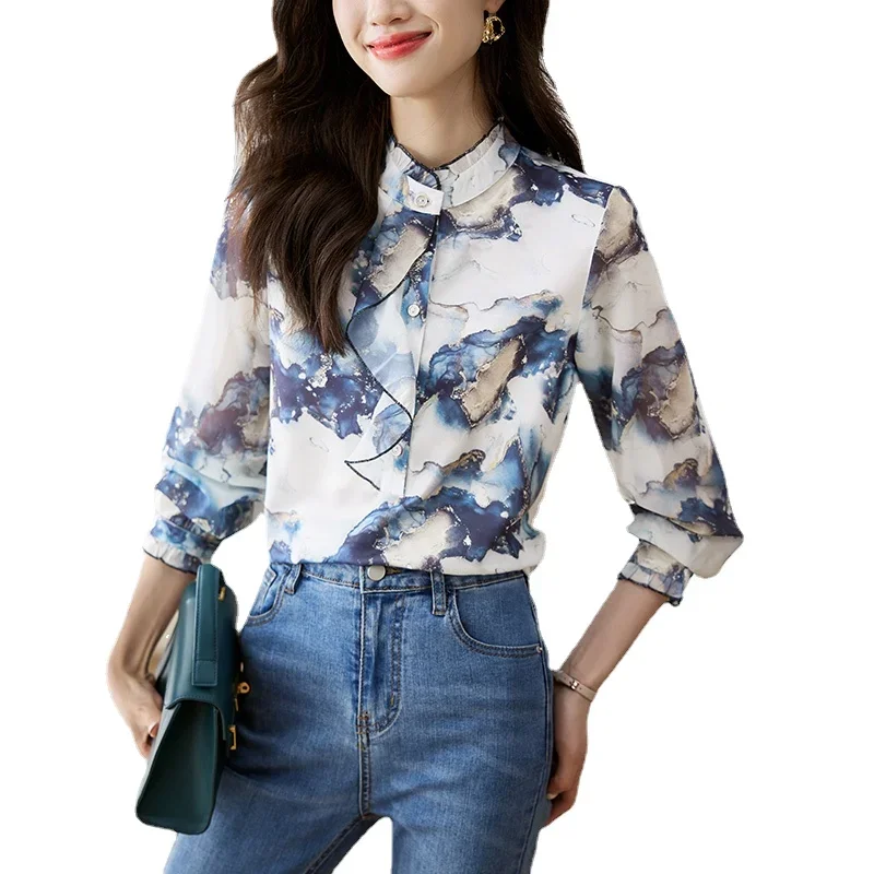 

Ink Painting Halo Dye High Grade Forged Face Chiffon Shirt Women's Ruffle Edge Standing Neck Long Sleeve Temperament Top