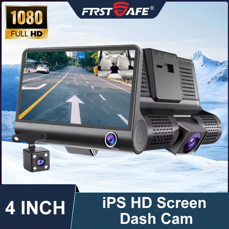 4 Inch 3-Channel Car Dash Cam 1080P Front Rear Inside Triple Lens G-Sensor Loop Recording Parking Assistance Night Vision DVR