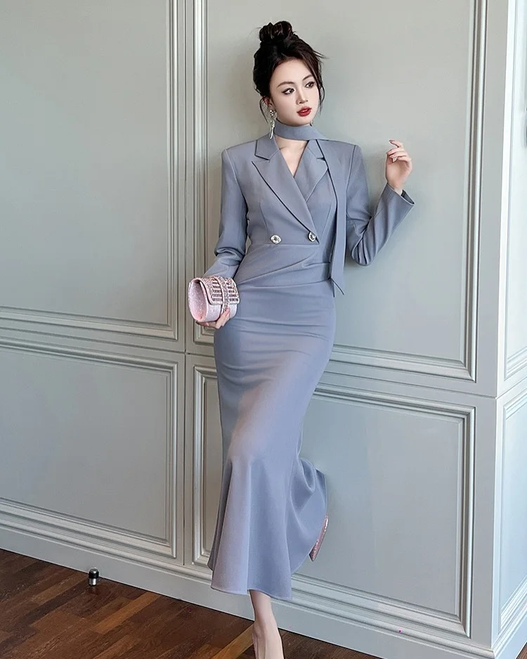 Vestido de noche con cintas y botones de sirena, Jersey Formal personalizado, mangas largas delicadas, cuello en V, longitud del té, vestidos para ocasiones a medida