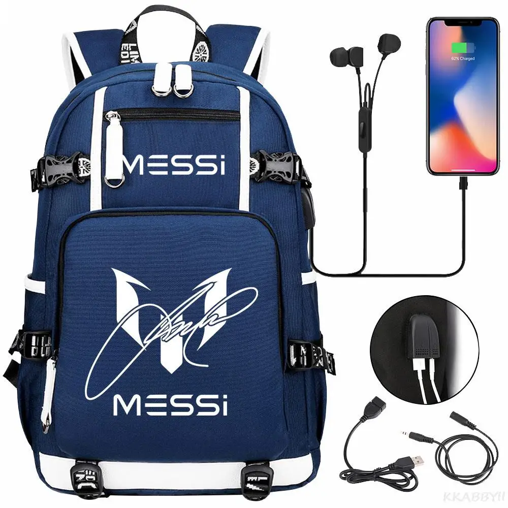 Messi USB Charging Backpack Schoolbag Travel Notebook Laptop Bags For Teens Students