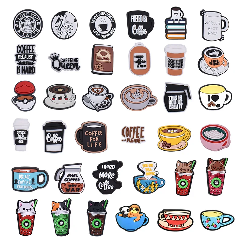 Cute Coffee Shoe Charms Cartoon Coffee Clog Charms Coffee Cup Latte Espresso Donut Sweet Drink Theme Shoe Decoration Accessories