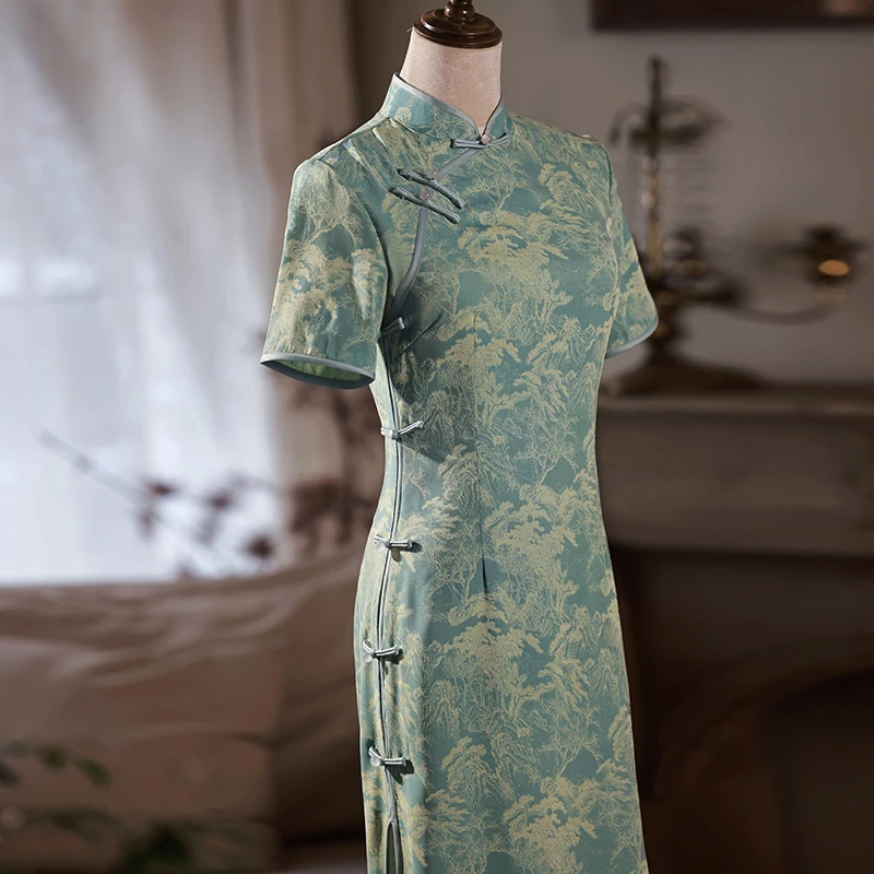 Gaun Qipao Panjang untuk Gadis Muda, Gaya Vintage, Motif Bunga, Belahan Rendah, Pakaian Sehari-hari, Serat Poliester, Musim Semi
