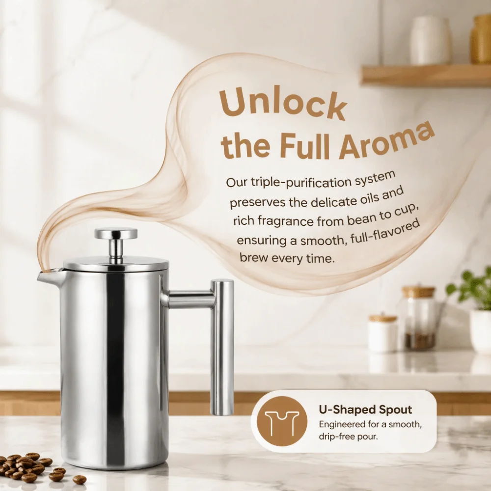 350ml/12oz French Press Coffee Maker 304 Stainless Steel Triple Filtration System Coffee Tea Kettle Double Wall Insulated