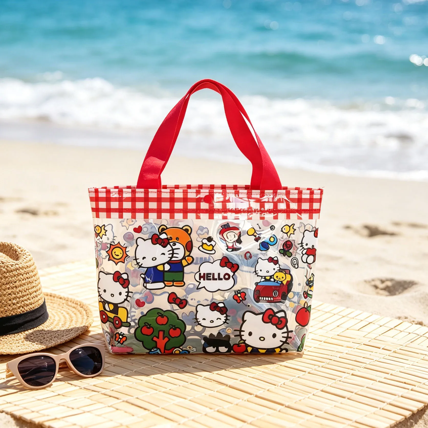 Hello kitty Transparent Handbag Cartoon Printed Waterproof Handbag Snap on Large Capacity Beach Shopping Bag view 4