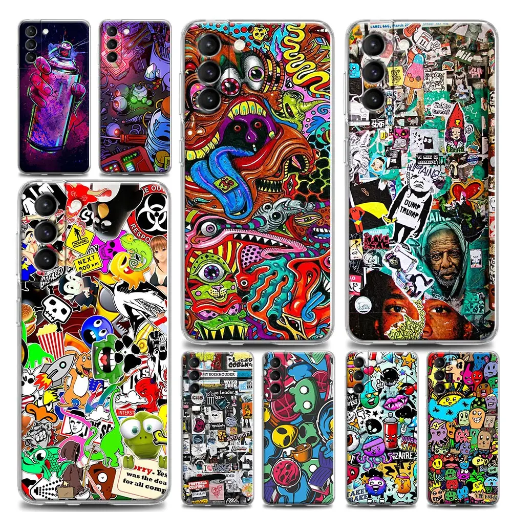 Phone Case for Samsung S22 S9 S10 S23 S20 S21 Plus Lite Ultra FE 4G 5G Soft Silicone Case Cover Cartoon Graffiti Sticker Bomb