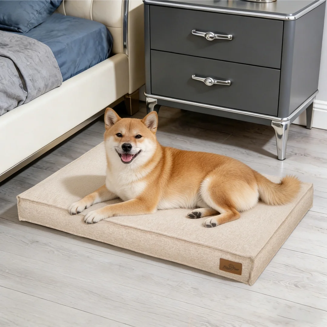 BingoPaw Grand Lit pour Chien Lavable : Lit Rectangulaire pour Animaux de Compagnie avec Housse en Lin, Base en Mousse, Doublure Imperméable, Matelas Confortable pour Chiens, Cages et Niches