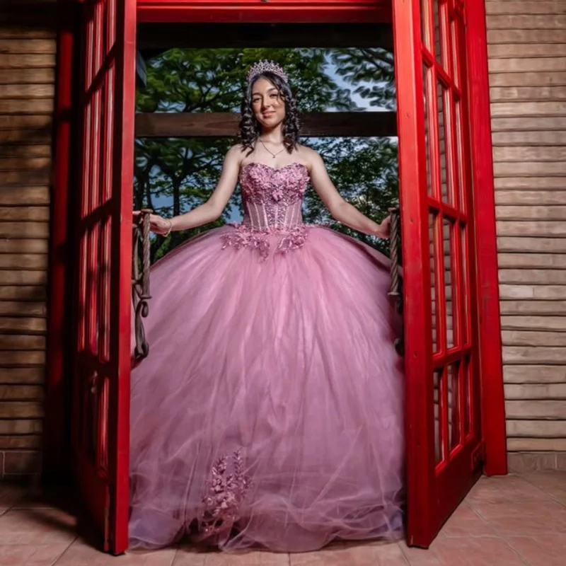 

Customized peach pink Quinceanera Dresses Off the Shoulder sequin applique Lace 3D flower Long tail Vestido 15 Quinceanera