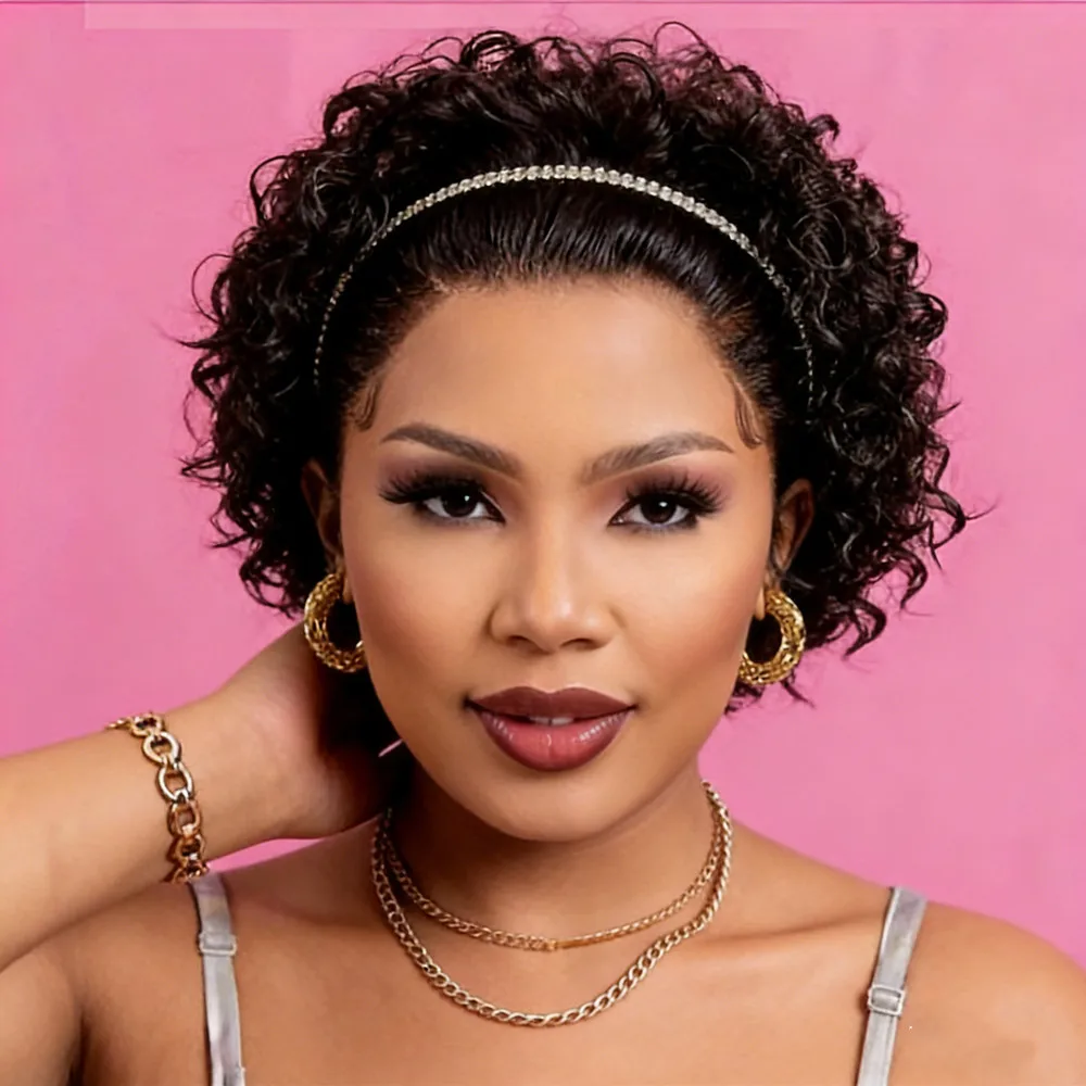 pixie wig short curly wave human hair wig 13x4 lace bob human hair wig pixie cut wig natural black color  for women