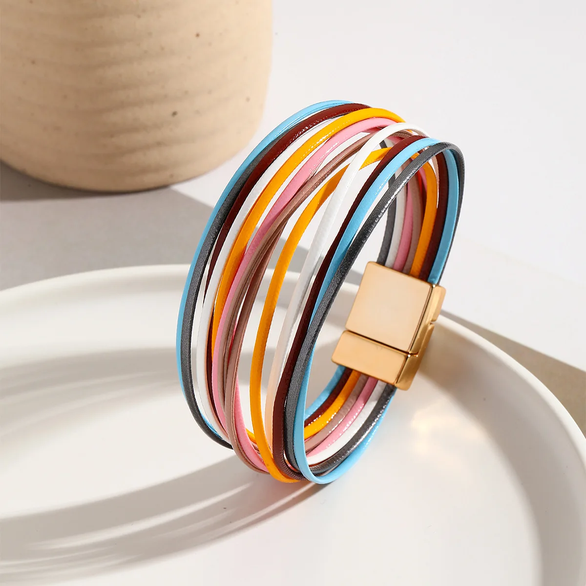 Boho Multilayer Colorful Thin Leather Bracelet Women Rainbow Multi Strap Wristband Gold Magnetic Clasp Stackable Bracelet