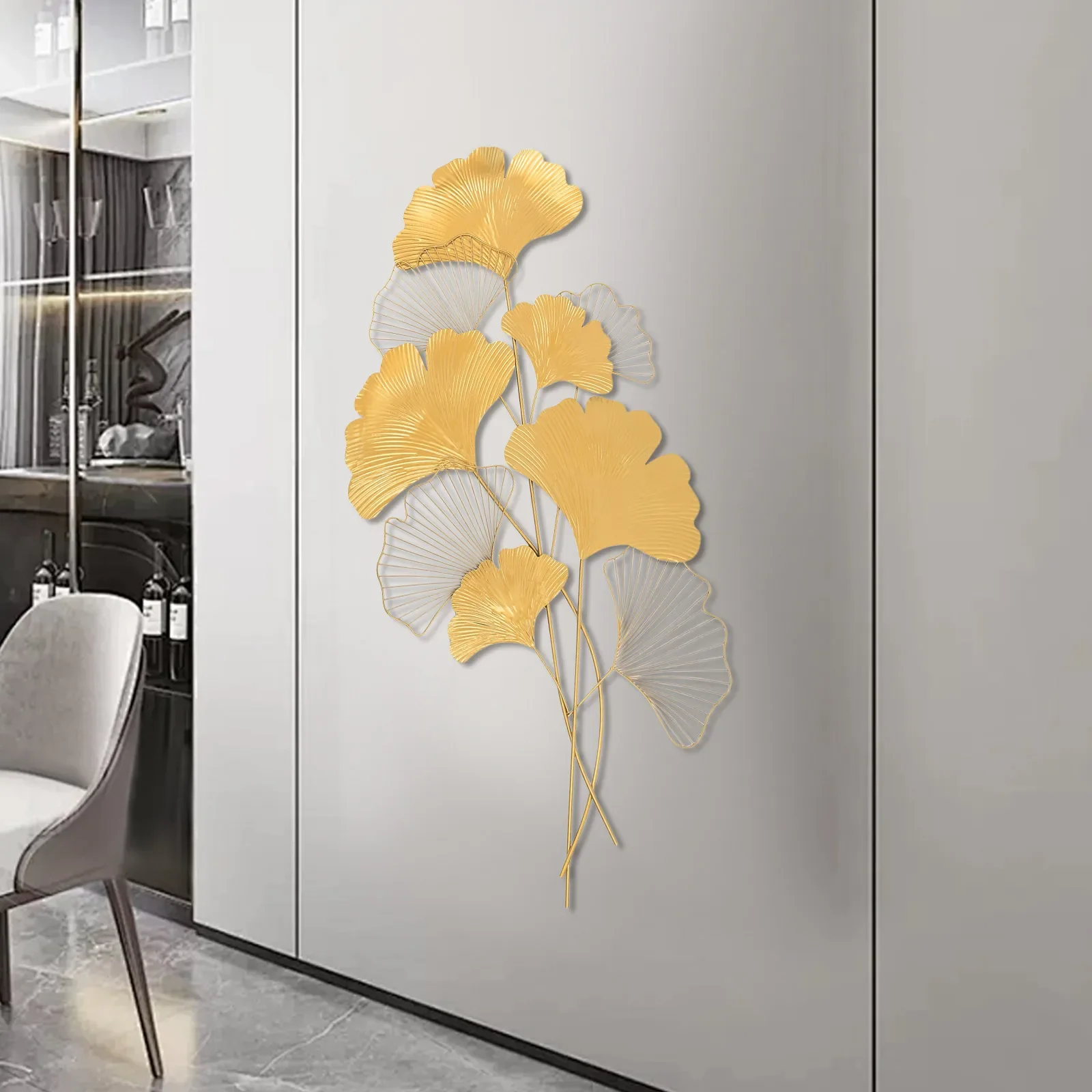 Stereoscopic Wall Hanging, Metal Iron Wall Hanging Art Sculpture Golden Ginkgo Leaf Indoor Decor 55*110CM