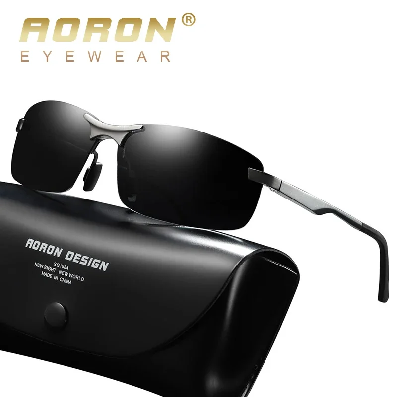 Aoron Semi-Rimless Mens Polarized Sunglasses Driver Sunglasses Men, Aluminum Magnesium Frame Sun Glasses UV Protection