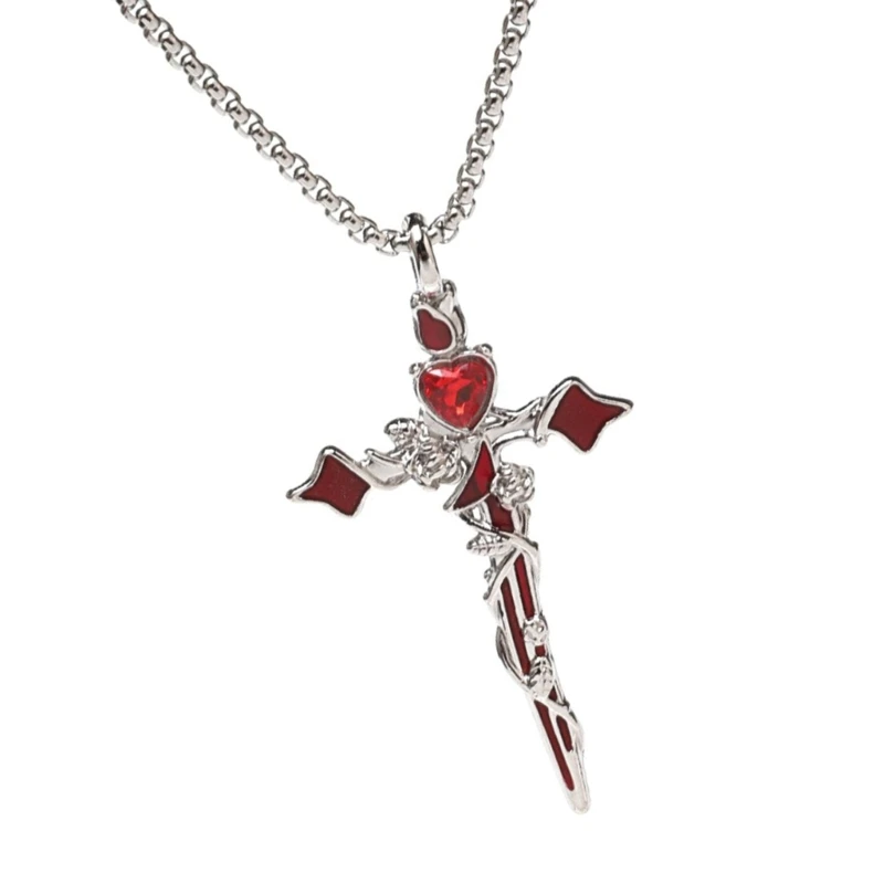 HXBF Thorn Rose Love Heart Crucifix Pendant Necklace Dark Retro Flower Spicy Girls Neckchain Inlaid Rhinestones Design