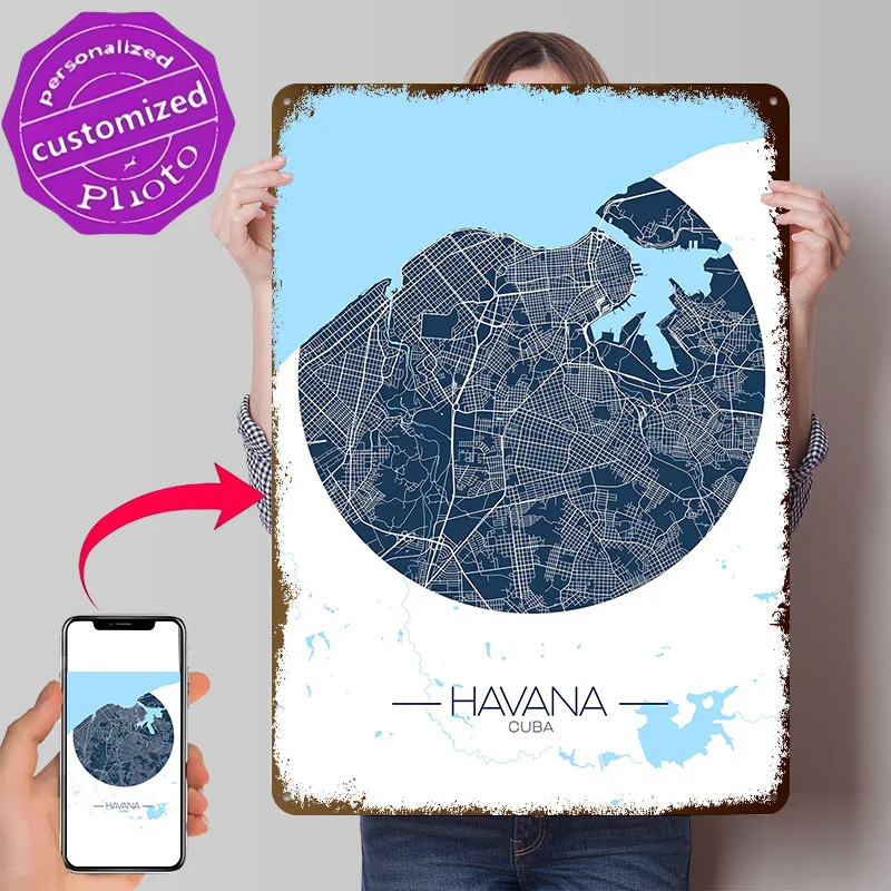 Havana City Map 3D Texture Printed Poster Custom Vintage Metal Tin Plate Sign for Wall Art Bedroom Decoration Room House Decor