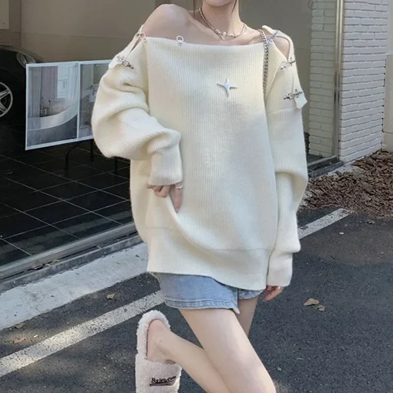 

Autumn New Y2K Women Korean Elegant Oversized High Street Sweater Aesthetics Long Sleeve Sweaters Bare Shoulders Pullovers 복장