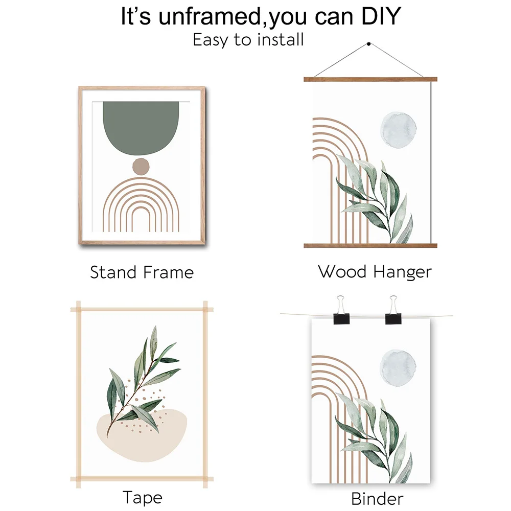مجموعة من 3 منتصف القرن بوهو ريترو مجردة المشارك قماش طباعة الهندسة الخضراء الرسومات النباتية ورقة اللوحة الحديثة جدار الصورة