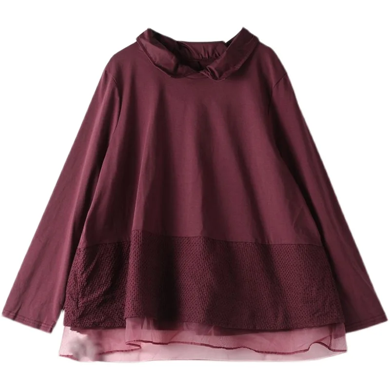 Allentato lungo Sve da donna irt Autunno New Sle Lace Splicing Felpa casual Colore netto Orlo abbinato a grandi dimensioni da donna...
