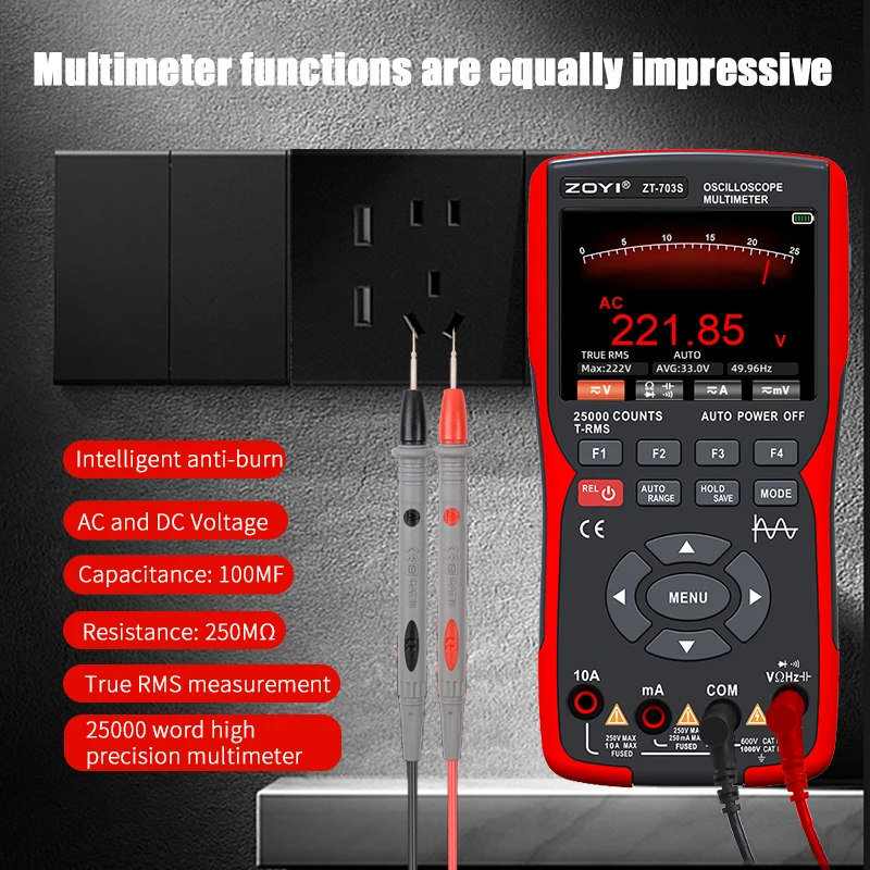 ZOYI ZT703S 702S Digital Oscilloscope Multimeter Transistor Tester 50MHz Bandwidth 280MS Sampling Rate Support Waveform Storage