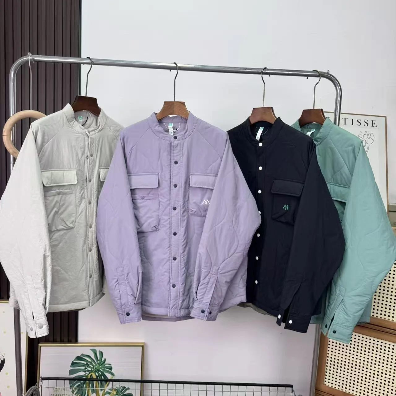 

Couple's Sle Outdoor Lightweight Stand Collar Gourd Pattern Cotton Open Cardigan Coat Long Sve Button up Pure Color