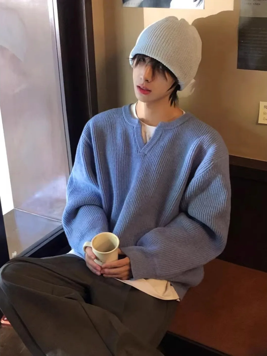 

Cleanfit Men's V-Ne Knitwear Soft Cozy Winter Base Layer irt Korean Sle Casual Loose Fit Warm Long Sve Sweater