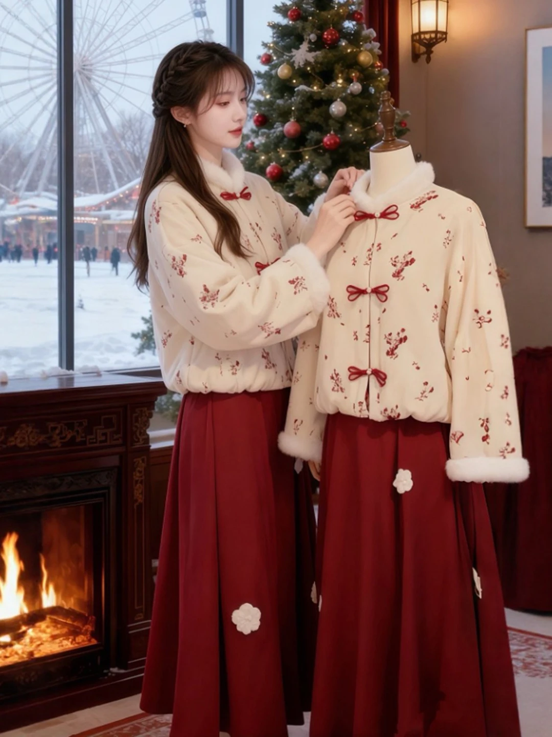 

Красный хлопковый комплект: топ и юбка в традиционном китайском стиле, женская зимняя одежда, удобный длинный рукав, круглый вырез, модный топ