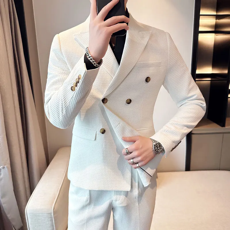 

Boutique (Blazer+ Pants) Men's Fashion Business Slim Italian Style Korean Version Casual Double Breasted Wedding Hosting 2-piece