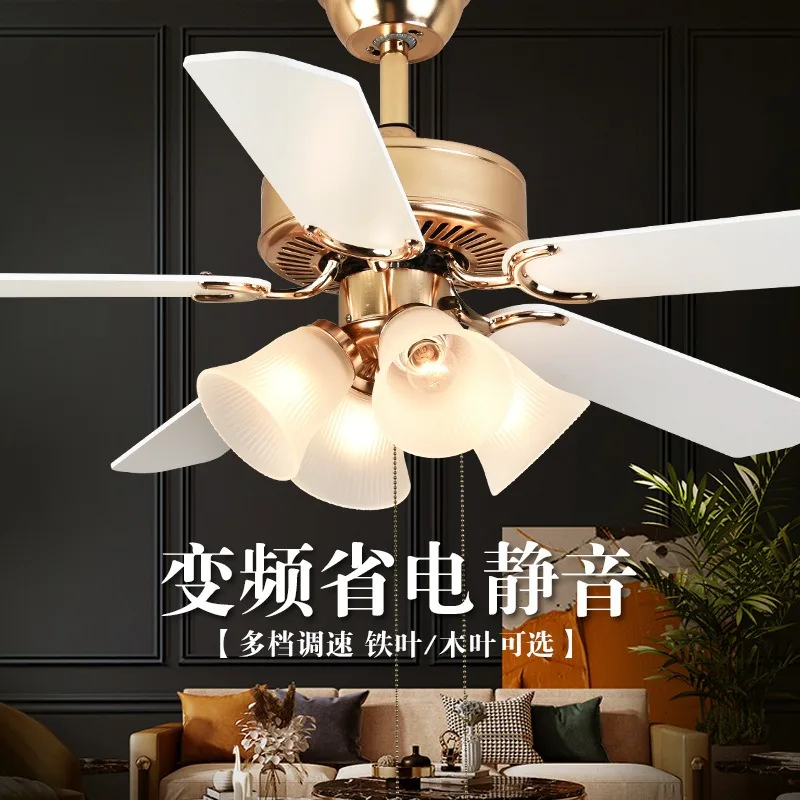 48 Inch Ceiling Fan with Lights, 5 Wood Blades Pull Chain Ceiling Fan Light, 4-Light Chandelier Fan for Living Room Bedroom