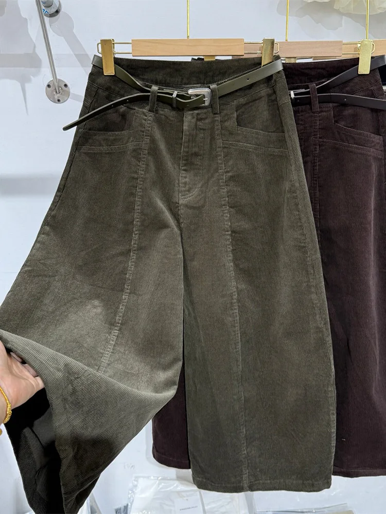 Authentic Corduroy Wide Leg Pants Loose Straight Casual Trousers High Waist Button Polyester Fiber Daily Wear for Women