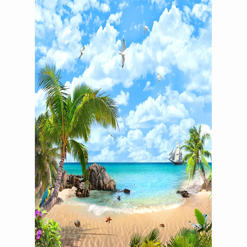 Sandy Beach Holiday Summer Setting Sun Photography Backdrop Prop Coconut Tree Landscape Window Photo Studio Background JK-25