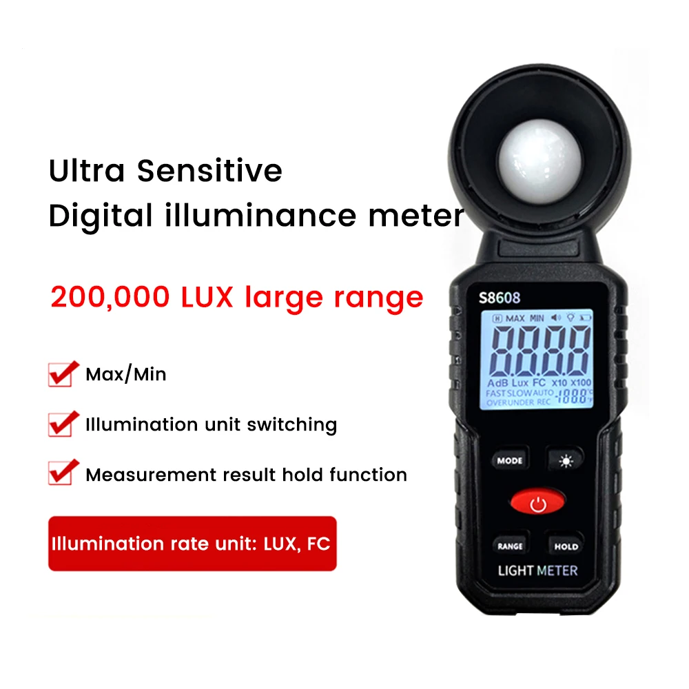 

200000Lux Digital Illuminance Light Meter Tester Luxmeter Handheld Lighting Intensity Brightness Measurement Tool Photometer