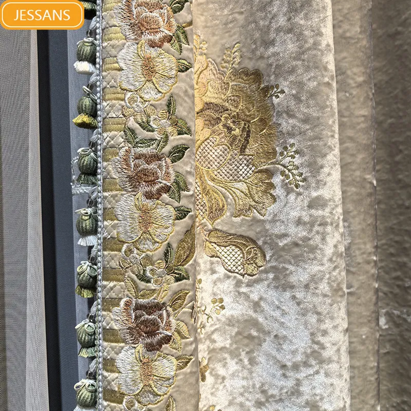 

Customized Retro Villa High-end Beige Embroidered Curtains for Living Room Bedroom French Window Finished Window Screen Valance
