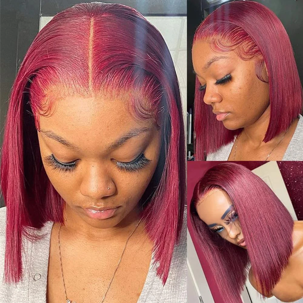 

Красный цвет 99J Бордовый 13x4 Прозрачный кружевной фронтальный парик Прямой предварительно выщипанный короткий боб Бразильский 7x5 Бесклеевые парики из человеческих волос