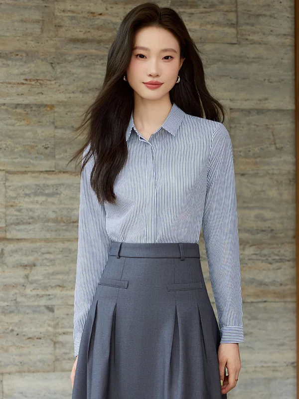 

Gray Striped Long Sleeve Women's Shirt Spring New Commute Professional Interview Blouse White Collar Office Work Top