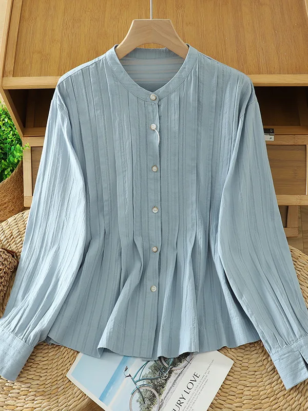 

Loose Fit Korean Design Pleated Cotton Long Sve Women's irt Casual Sle Agel Single Button up Top for Autumn