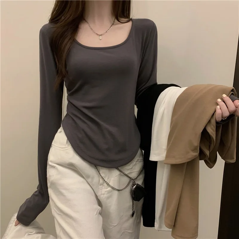 

2024 Round Collar Long Sleeve Casual Women T Shirts White Autumn Skinny Sexy Solid Basic Crop Tops Fashion Streetwear Outfit