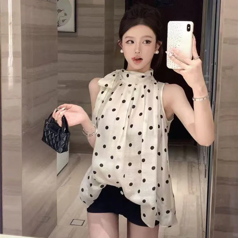Streetwear Bow Polka Dot Shirt Retro Y2k Women's Puff Shirt French Style Gentle Hanging Neck Sleeveless Top Spring and Summer