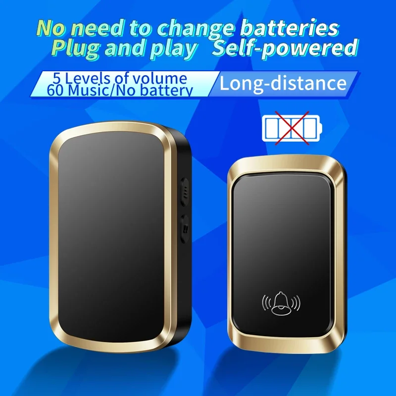 Cacazi campainha sem fio com botão autoalimentado, à prova d'água, conjuntos de campainha de porta de casa inteligente, bem-vindo ao ar livre, receptor de sinos de casa, venda quente