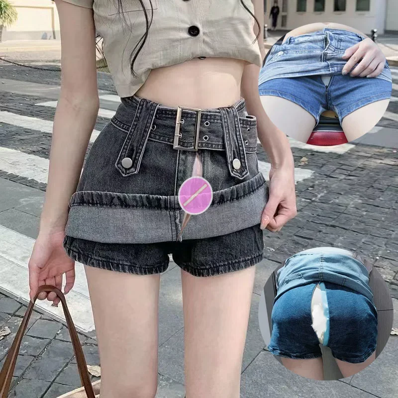 Outdoor Open Crotch Sex Pants Exotic Hotpants Women Denim Mini Skirt Sexy Boyfriend Ripped Jeans Couple Casual Streetwear Female