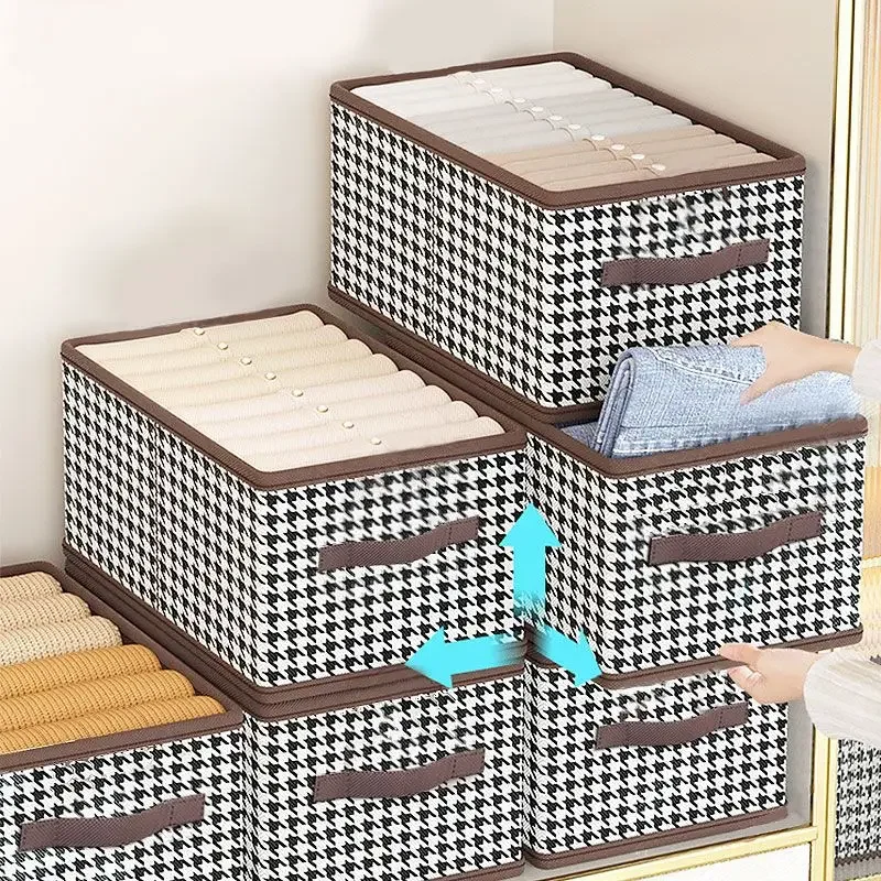 Non Woven Storage Box Houndstooth Shirt Pants Jeans Organizer Household Wardrobe Foldable Dust Proof Storage Basket with Handle