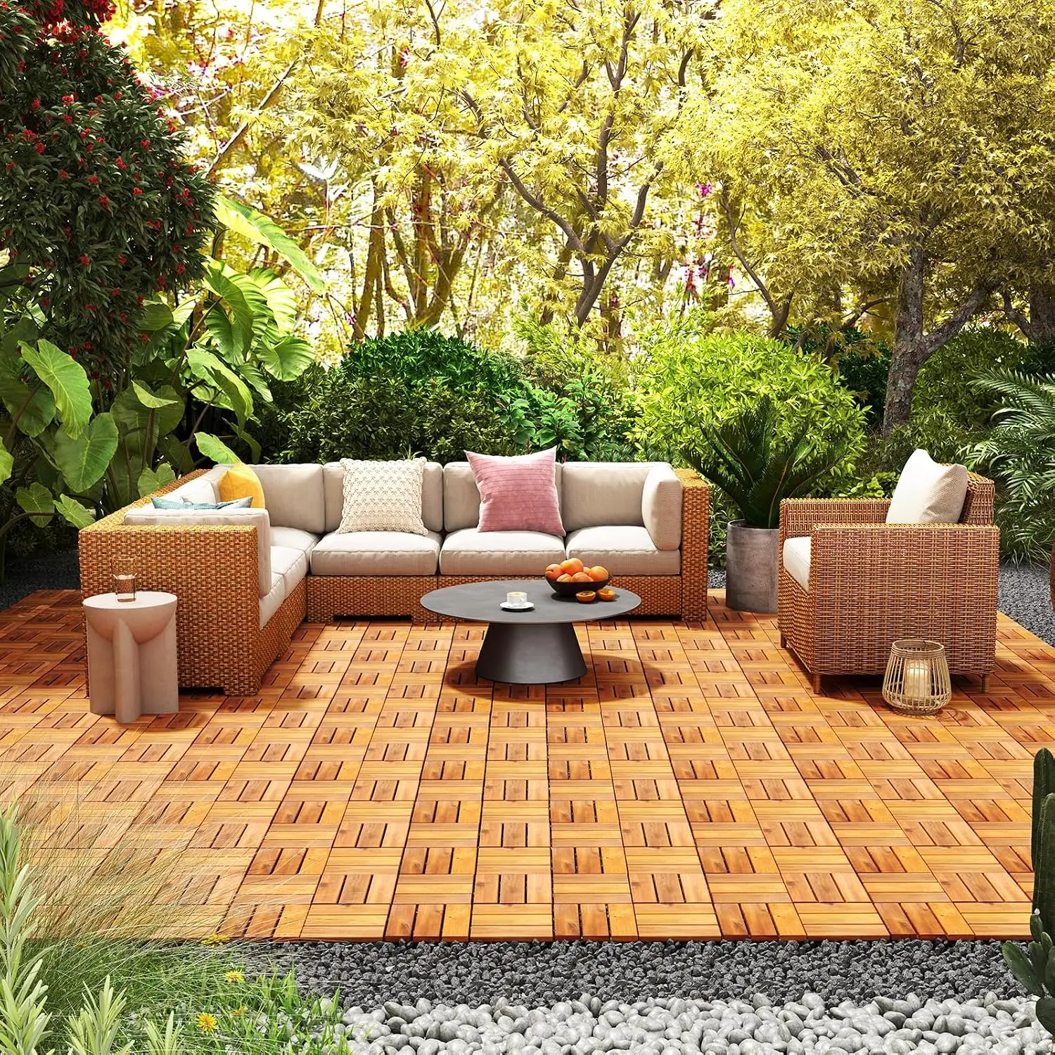 27 PCS Interlocking Patio Deck Tile, 12” x 12” Acacia Wood Patio Tiles, Tool-Free Installation, 27 sq. Ft Flooring, Customized
