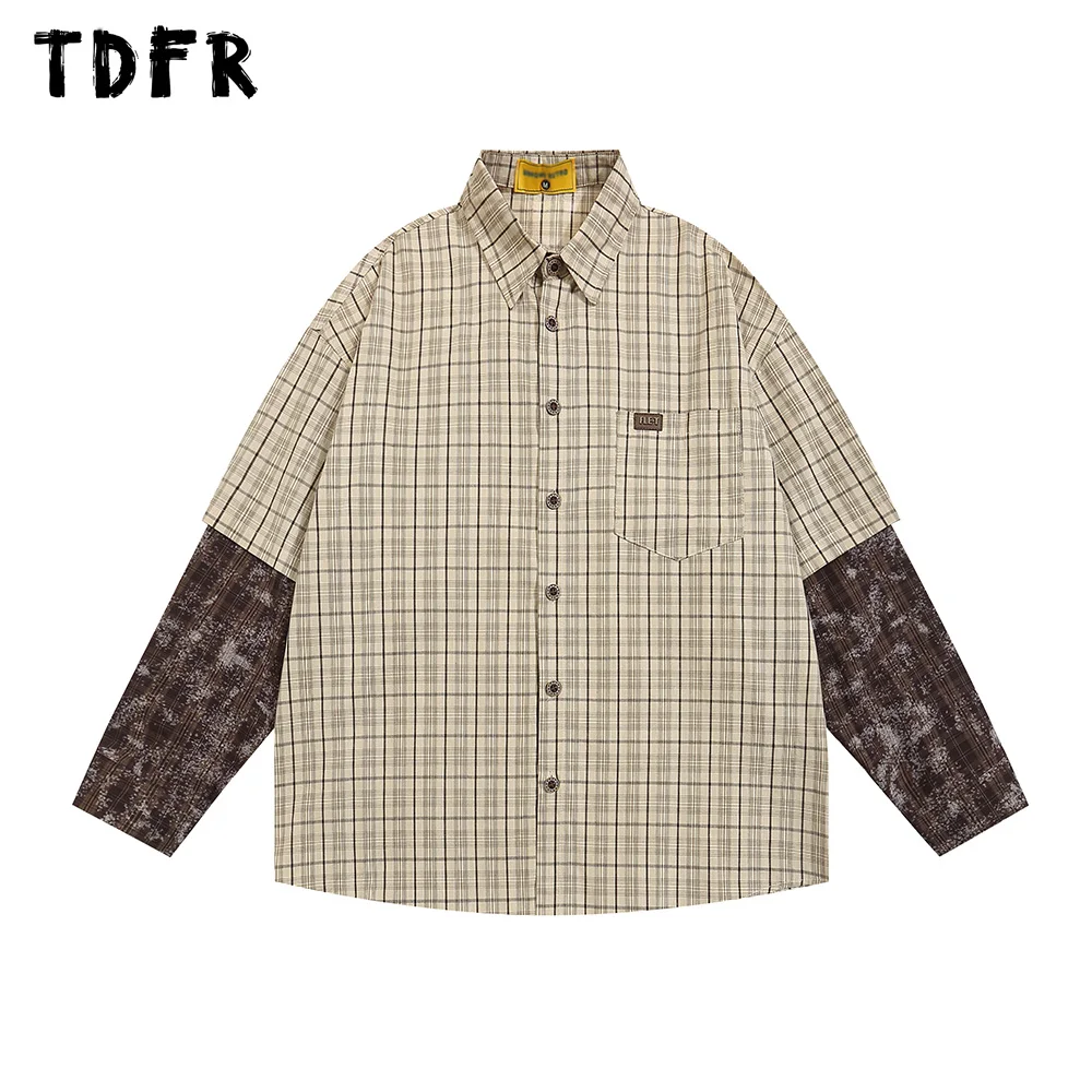 

Fake Two Pieces Plaid Long Sleeve Shirts Mens Casual Streetwear Autumn Loose Lapel Single Breasted Cotton Shirts Men