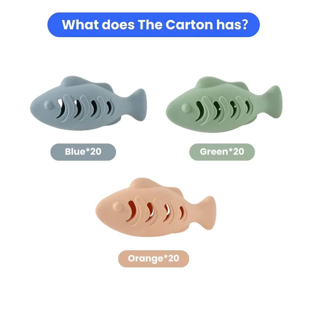 60PCS/Carton 3 Colors Mixed Fish Shape Cat Chew Toys Durable Dental Cleaning Interactive Kitten Teething Toys Wholesale