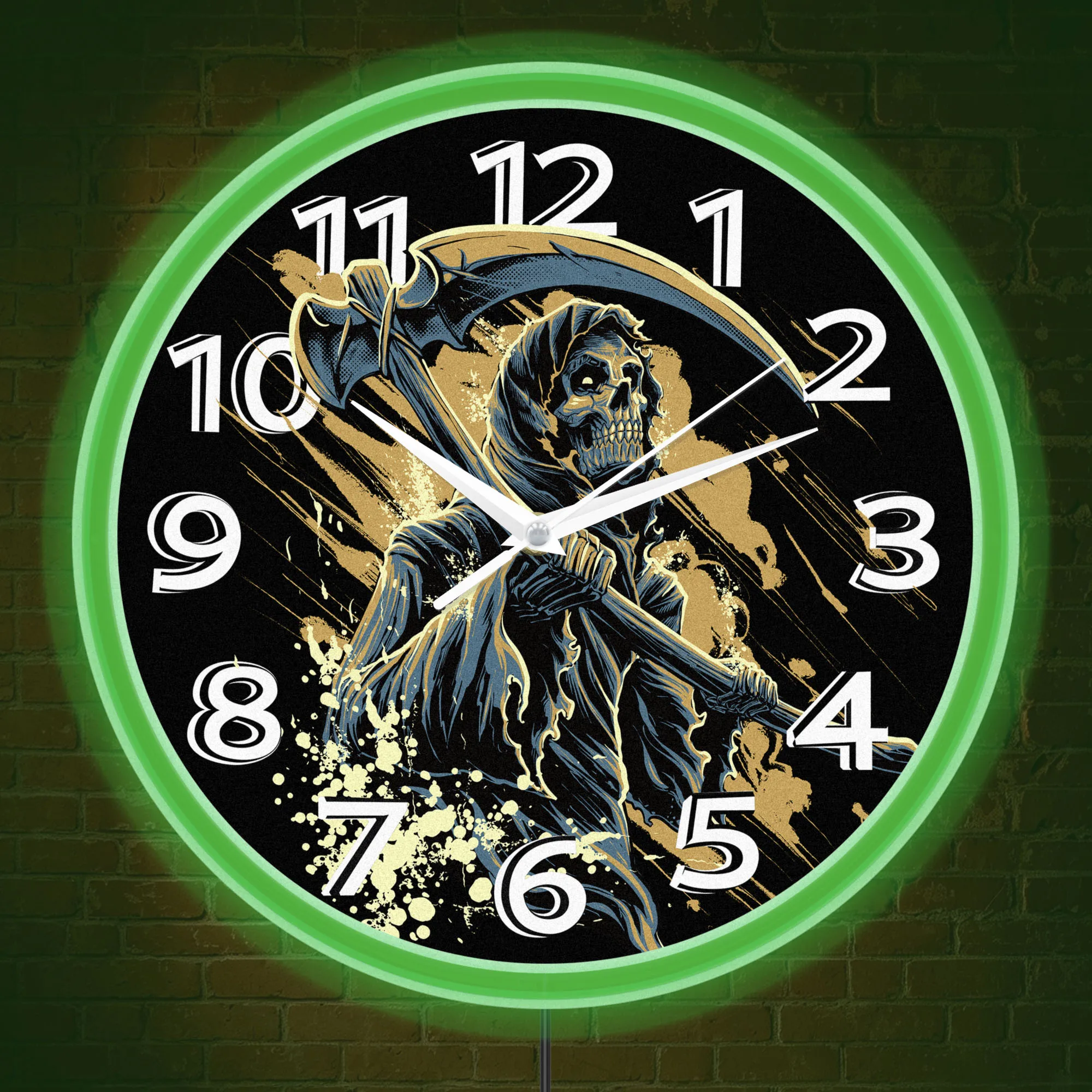 Comic-Style Grim Reaper Holding Scythe LED Neon Light Wall Clock Halloween Party Decor Gothic Skull Head Illuminated Wall Clock
