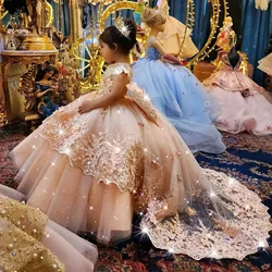 Customized Champagne Flower Girl Dresses For Wedding Appliques With Bow Elegant Princess Birthday Party First Communion Gown