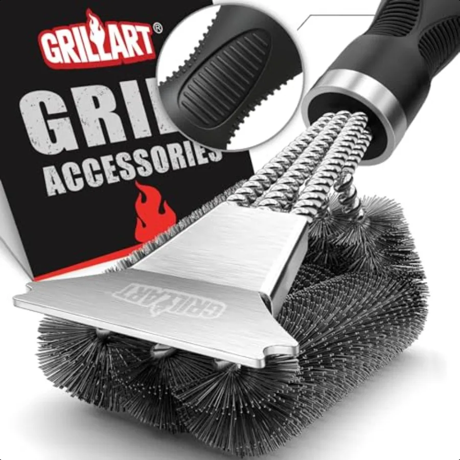 

Щетка для гриля GRILLART и скребок, сверхпрочные аксессуары для чистки барбекю, безопасная проволочная щетина, тройные скрубберы для барбекю, щетка для чистки