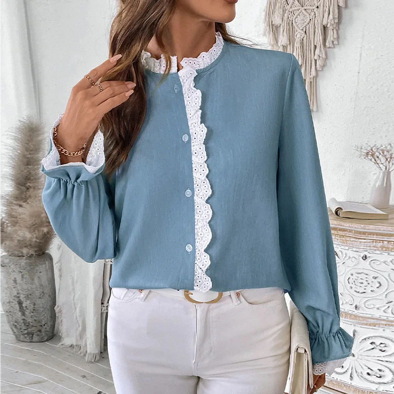 

﻿ Fashion Flared Sleeve Button Up Shirt Women Color Blocked Autumn Casual Loose Lace Top For Women 2025